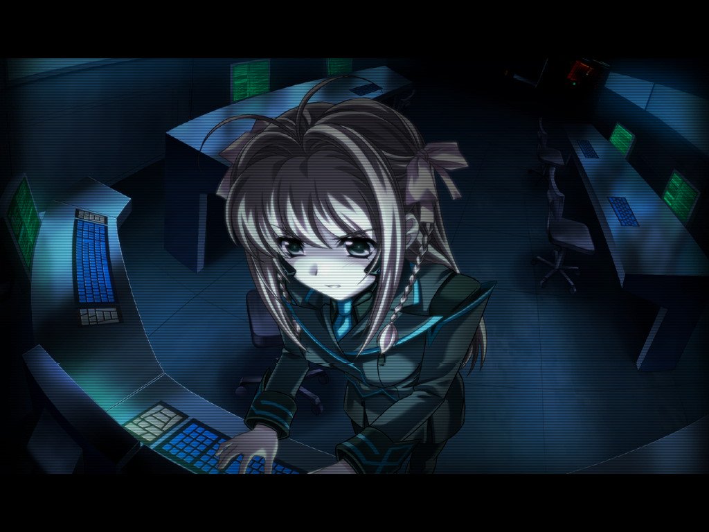CG from Muv-Luv Alternative, with Haruka Suzumiya at a terminal.